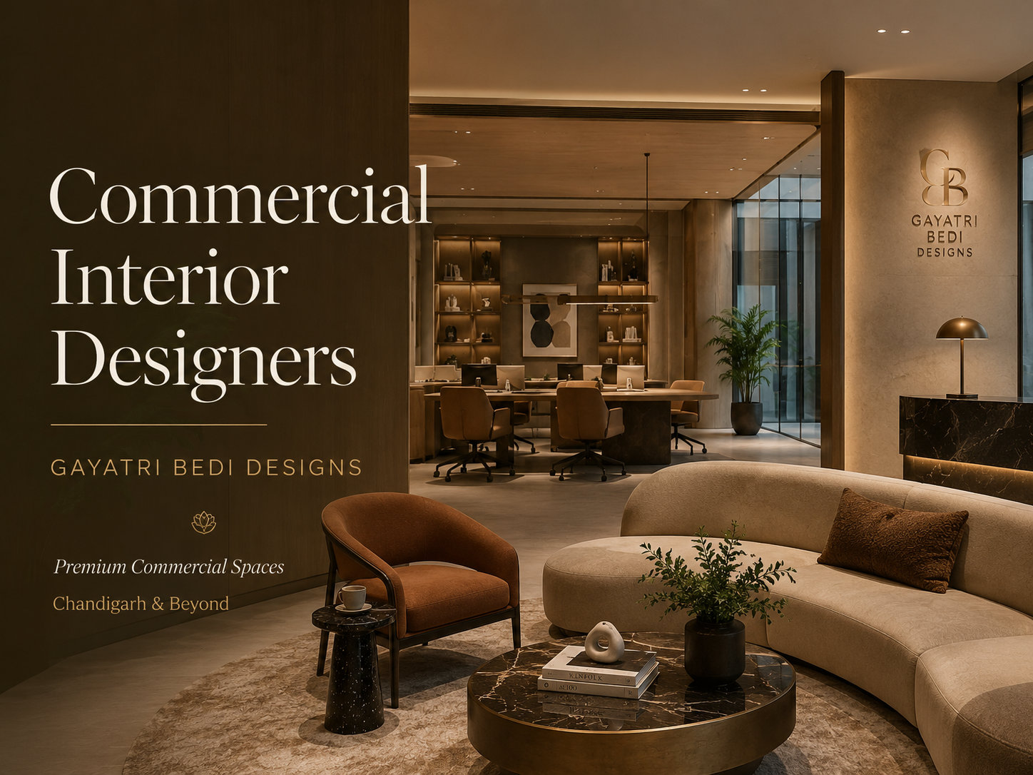 Luxury commercial office interior by Gayatri Bedi Designs showcasing premium workspace planning in Chandigarh.