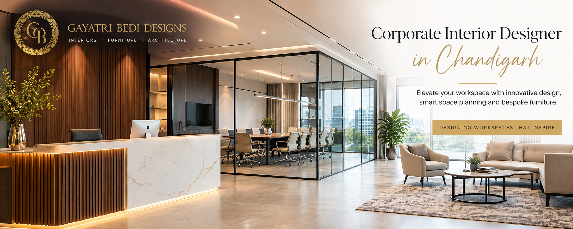 Corporate interior design in Chandigarh featuring an elegant office reception, modern conference room, and luxury workspace by Gayatri Bedi Designs