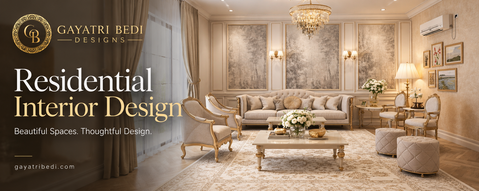 Residential interior design featuring an elegant classical living room by Gayatri Bedi Designs