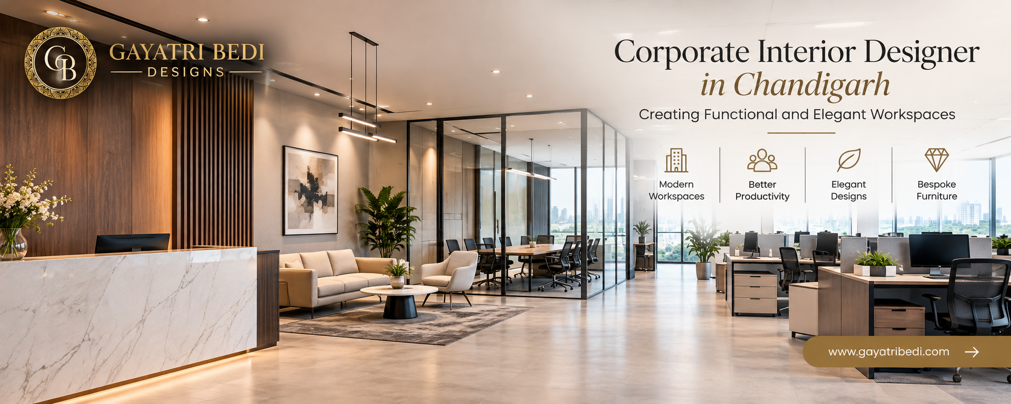 Corporate interior design in Chandigarh by Gayatri Bedi Designs featuring an elegant and modern office workspace.