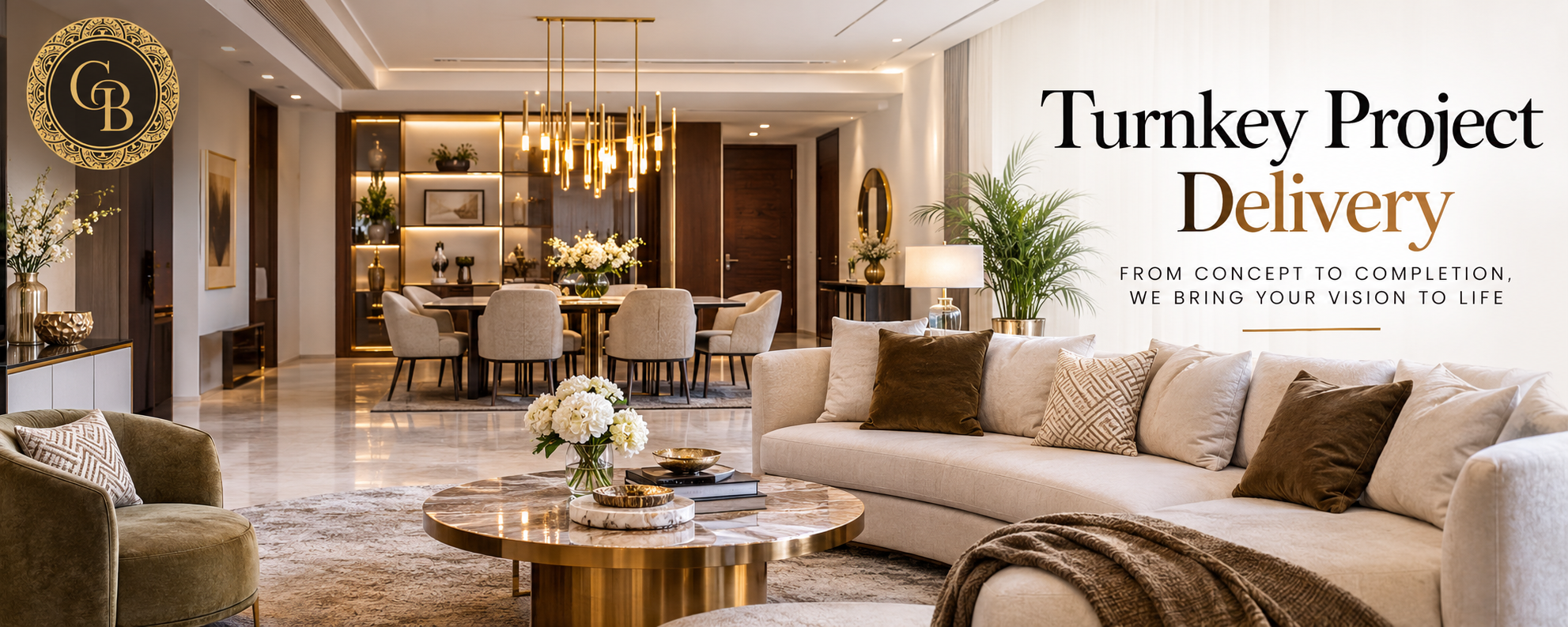 Luxury turnkey interior design featuring an elegant living and dining space by Gayatri Bedi Designs